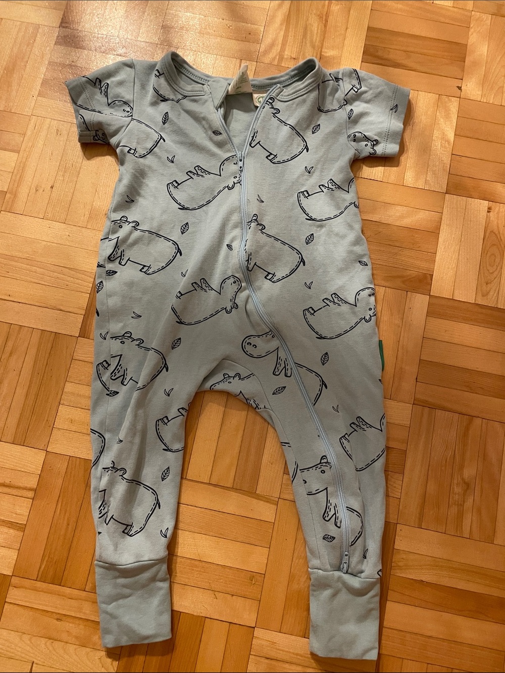Light Blue Hippo-Print Kids Footed One-Piece Romper